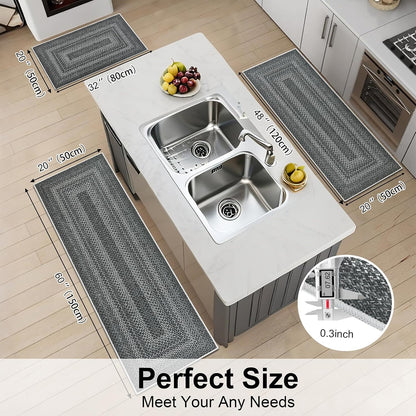 HEBE Boho Kitchen Rugs Sets 3 Piece with Runner Non Slip Kitchen Mats for Floor Washable Bohemian Runner Rug Set of 3 ﻿
