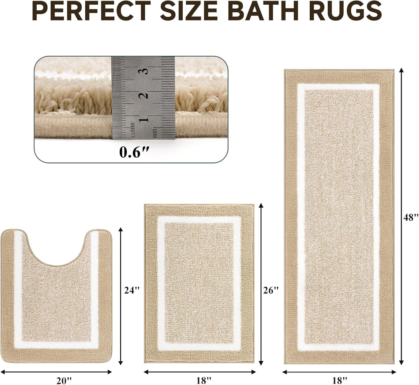HEBE Bathroom Rug Mat Set 3 Piece, Microfiber Shaggy Bath Set, Non-Slip Ultra Soft Carpet Mats, Absorbent with U-Shaped Toilet for Bathroom, Tub, Shower
