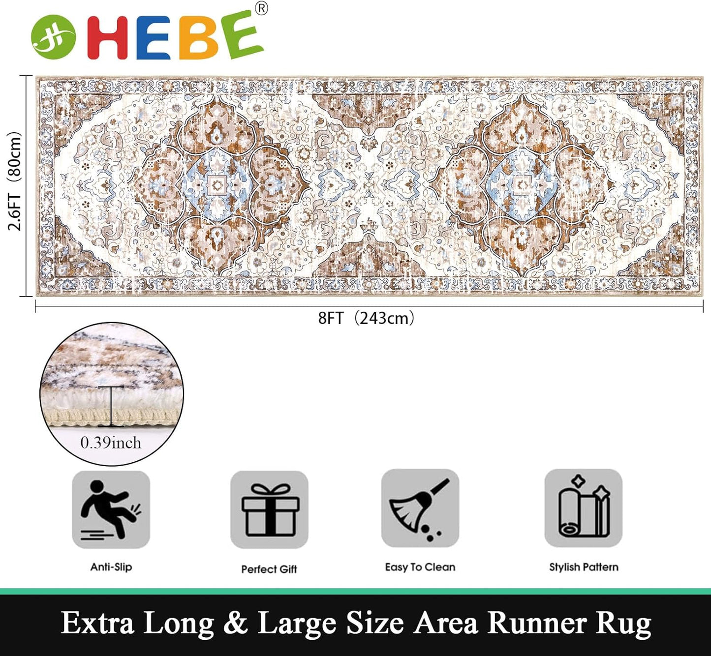 HEBE Hallway Runner Rug 2'8''x8' Washable Vintage Distressed Area Rugs Non Slip Laundry Rug Runner Boho Floor Carpet Runners