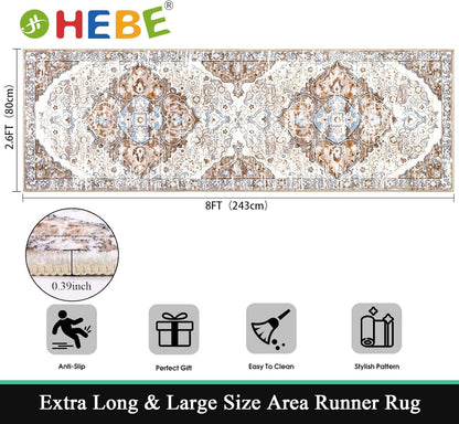 HEBE Hallway Runner Rug 2'8''x8' Washable Vintage Distressed Area Rugs Non Slip Laundry Rug Runner Boho Floor Carpet Runners