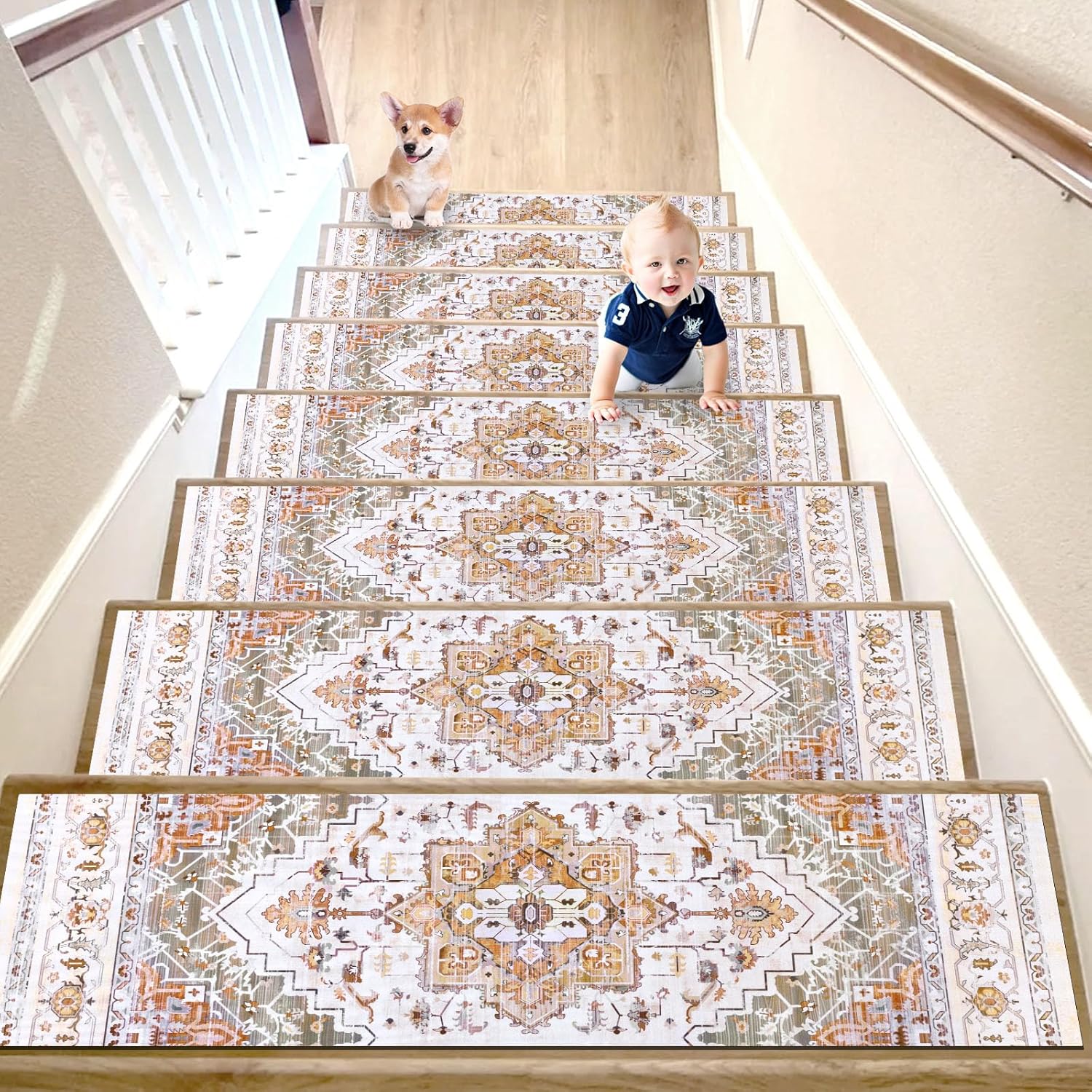 HEBE Carpet Stair Treads for Wooden Steps 7pcs Indoor Rubber Staircase Step Treads Non Slip Stair Runner Mats for Dogs and Kids Stairway Grip Step Treads Carpet