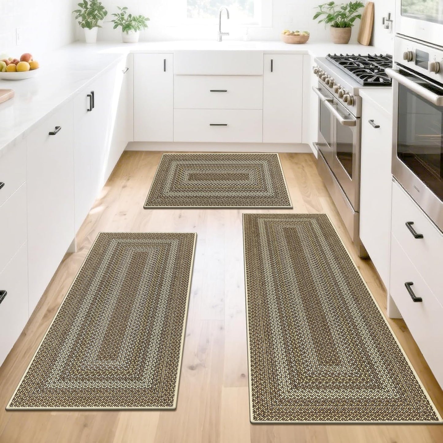 HEBE Boho Kitchen Rugs Sets 3 Piece with Runner Non Slip Kitchen Mats for Floor Washable Bohemian Runner Rug Set of 3 ﻿