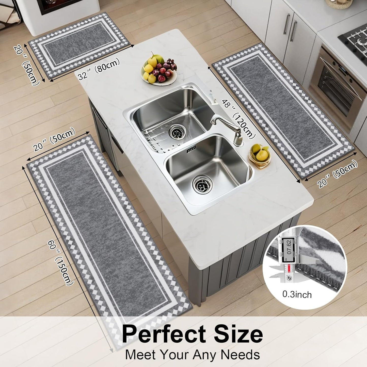 HEBE Farmhouse Kitchen Rugs Sets of 3 Non Slip Washable Boho Kitchen Rugs and Mats for Floor Kitchen Runner Rug