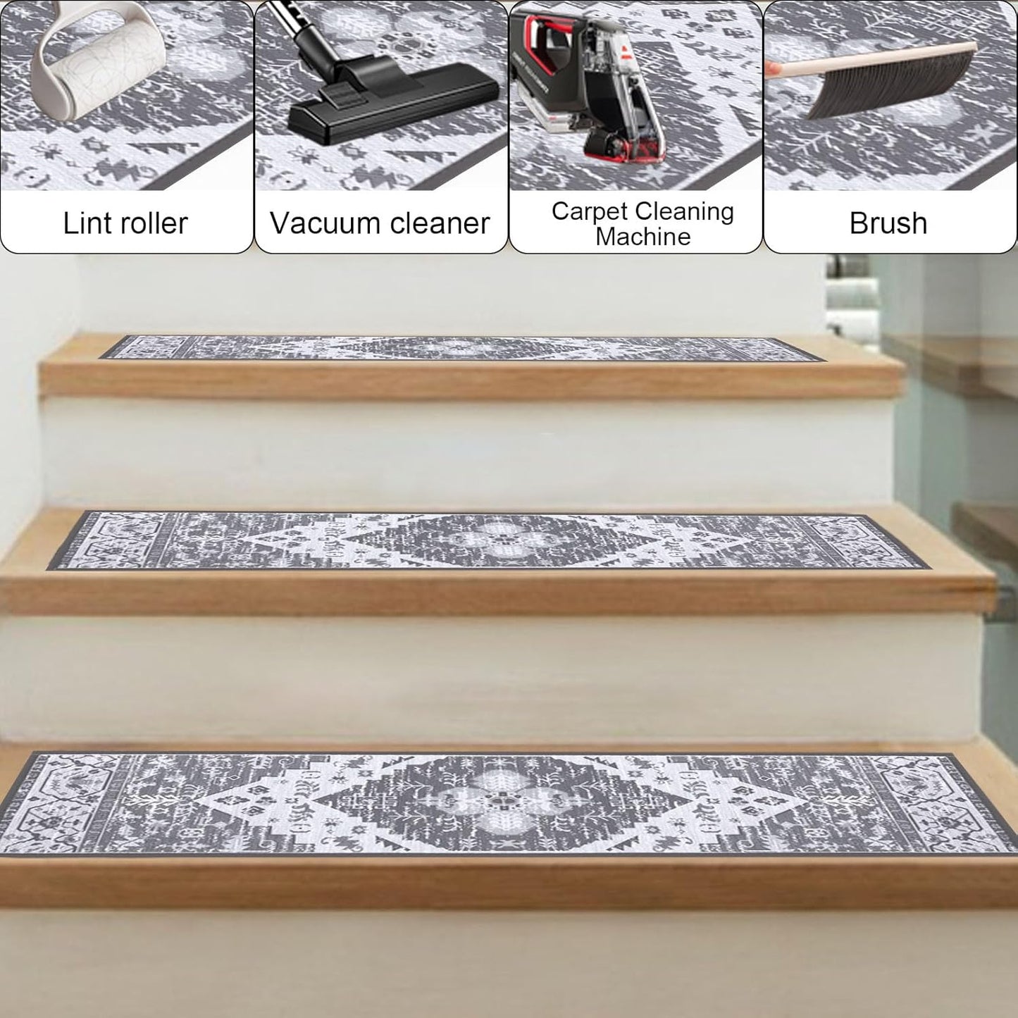 HEBE Carpet Stair Treads for Wooden Steps Indoor 15 Pack 8" X 30" Non Slip Self Adhesive Stairway Carpet Reusable Staircase Step Treads Edging Stair Rugs Runner for Kids and Pets