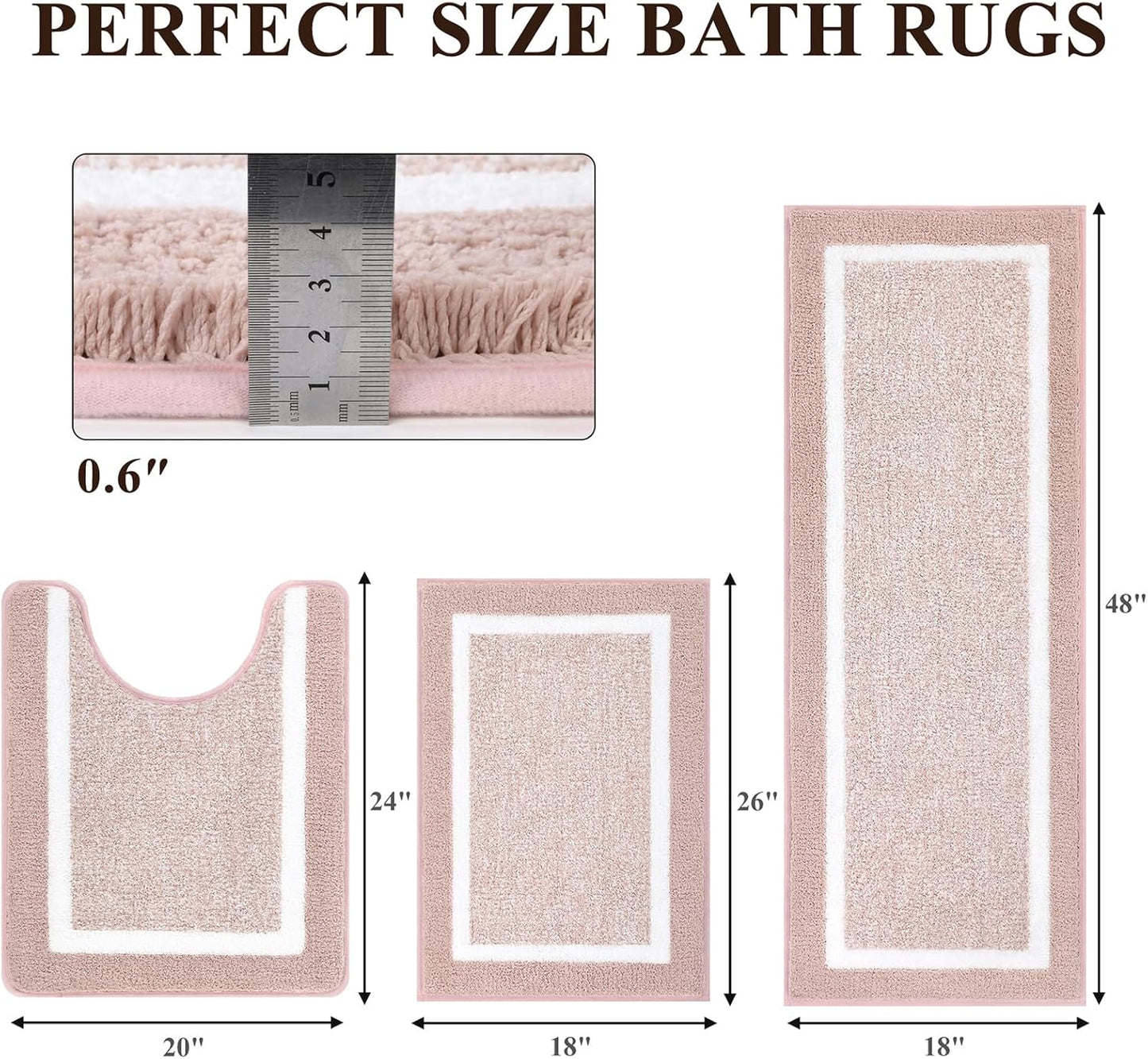 HEBE Bathroom Rug Mat Set 3 Piece, Microfiber Shaggy Bath Set, Non-Slip Ultra Soft Carpet Mats, Absorbent with U-Shaped Toilet for Bathroom, Tub, Shower