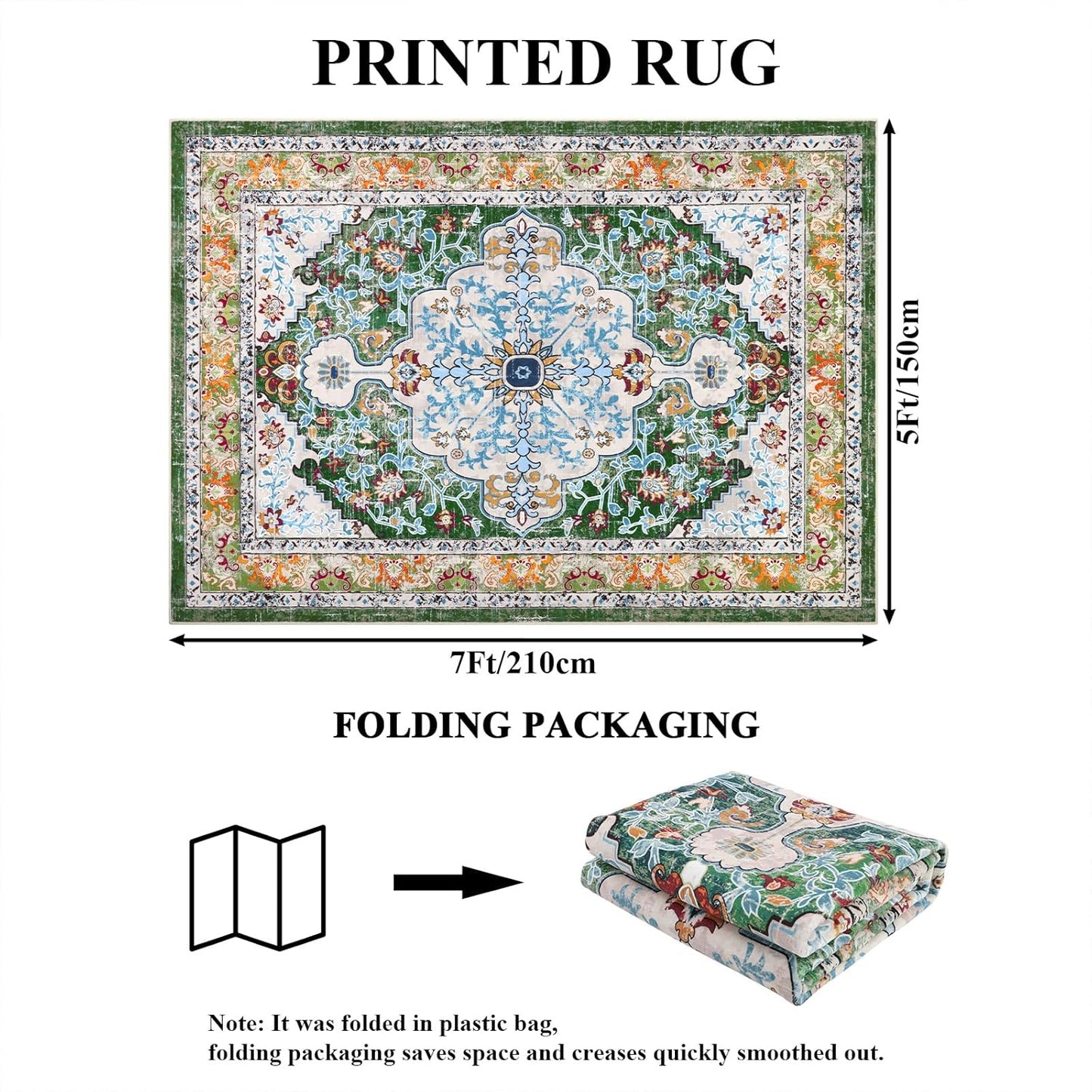 HEBE Boho Vintage Area Rug 5x7 Machine Washable Low Pile Soft Floor Carpet Non Slip Non Shedding Accent Rug for Living Room Bedroom Entryway Dining Room Office Green