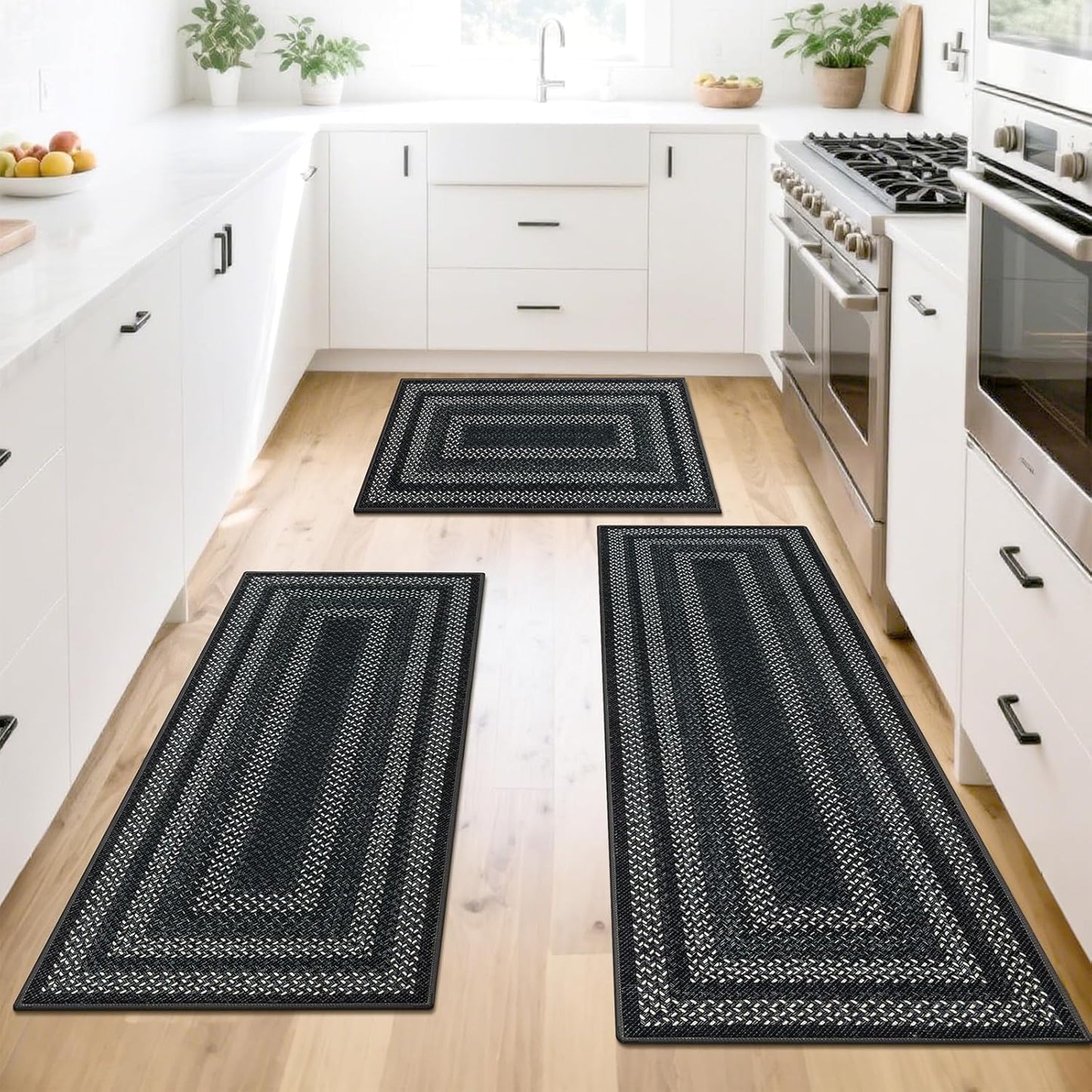 HEBE Boho Kitchen Rugs Sets 3 Piece with Runner Non Slip Kitchen Mats for Floor Washable Bohemian Runner Rug Set of 3 ﻿