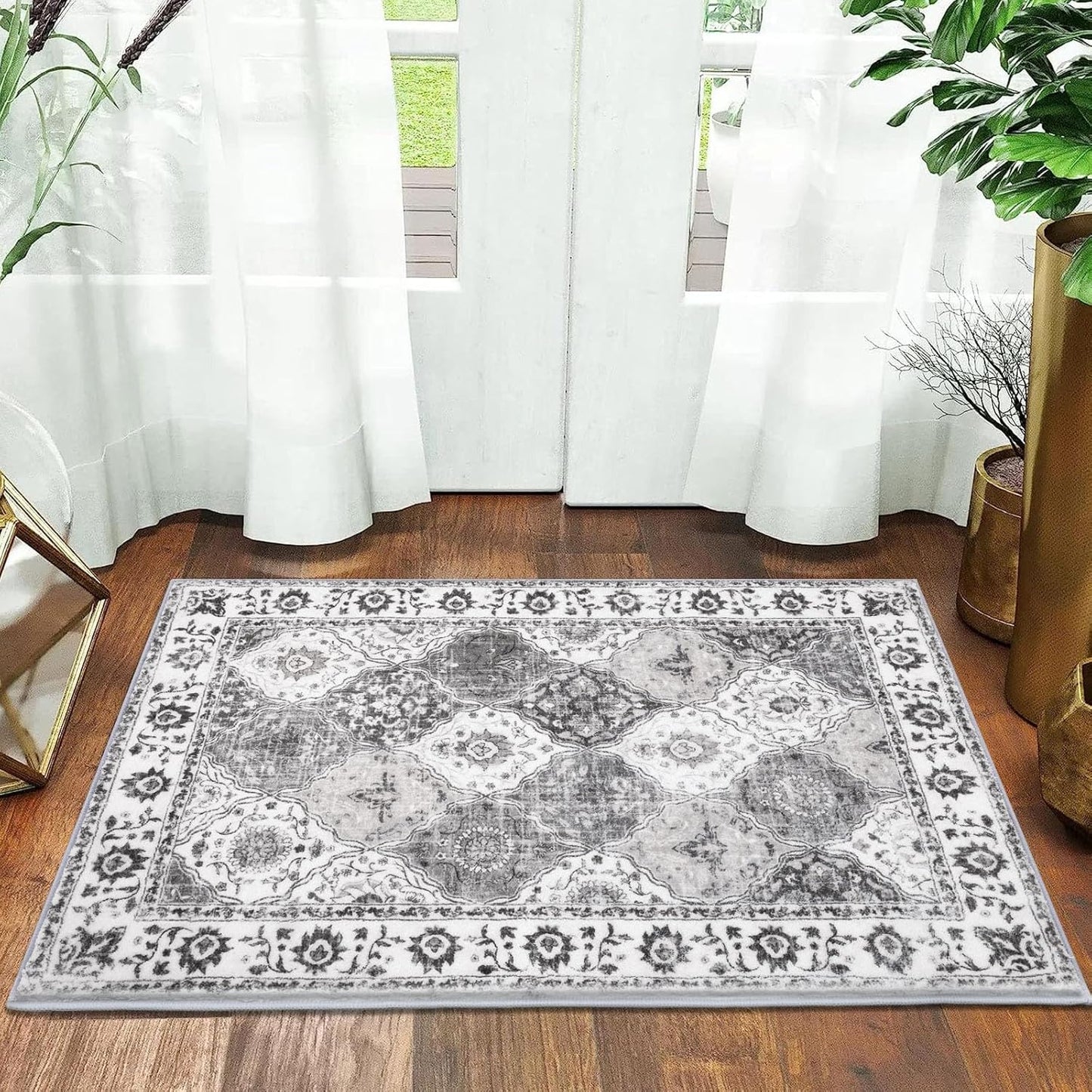 HEBE Washable Area Rug 2'x3' Non Slip Soft Distressed Medallion Bedroom Rug