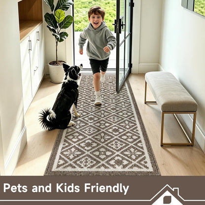 Hallway Runner Rug, Washable Indoor Brown Carpet with Non Slip Rubber Backing,Low Pile Durable Kitchen Floor Mat for Laundry Entryway Door & High Traffic Areas