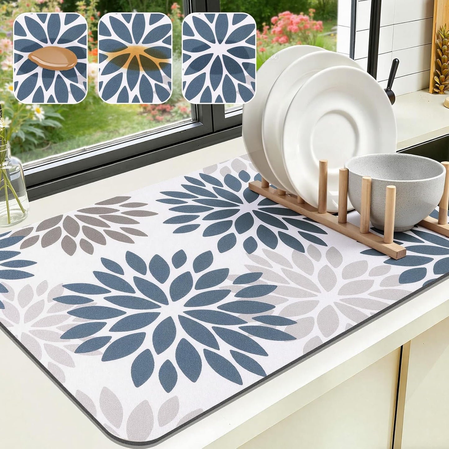HEBE Floral Dish Drying Mat, Super Absorbent & Hide Stain Coffee Mat