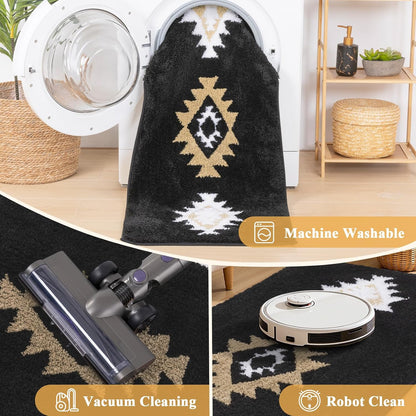 HEBE Boho Bathroom Rugs Set 3 Piece, Non Slip Washable Bath Mat Set, Ultra Absorbent Microfiber Bathroom Mats with U-Shaped Contour Toilet Rug