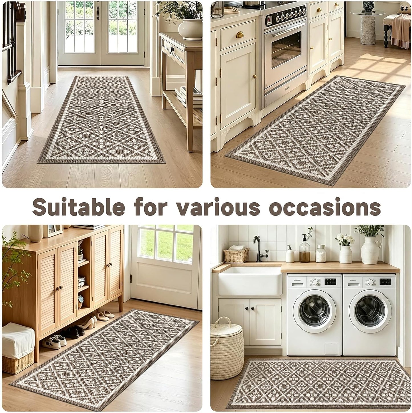 Hallway Runner Rug, Washable Indoor Brown Carpet with Non Slip Rubber Backing,Low Pile Durable Kitchen Floor Mat for Laundry Entryway Door & High Traffic Areas