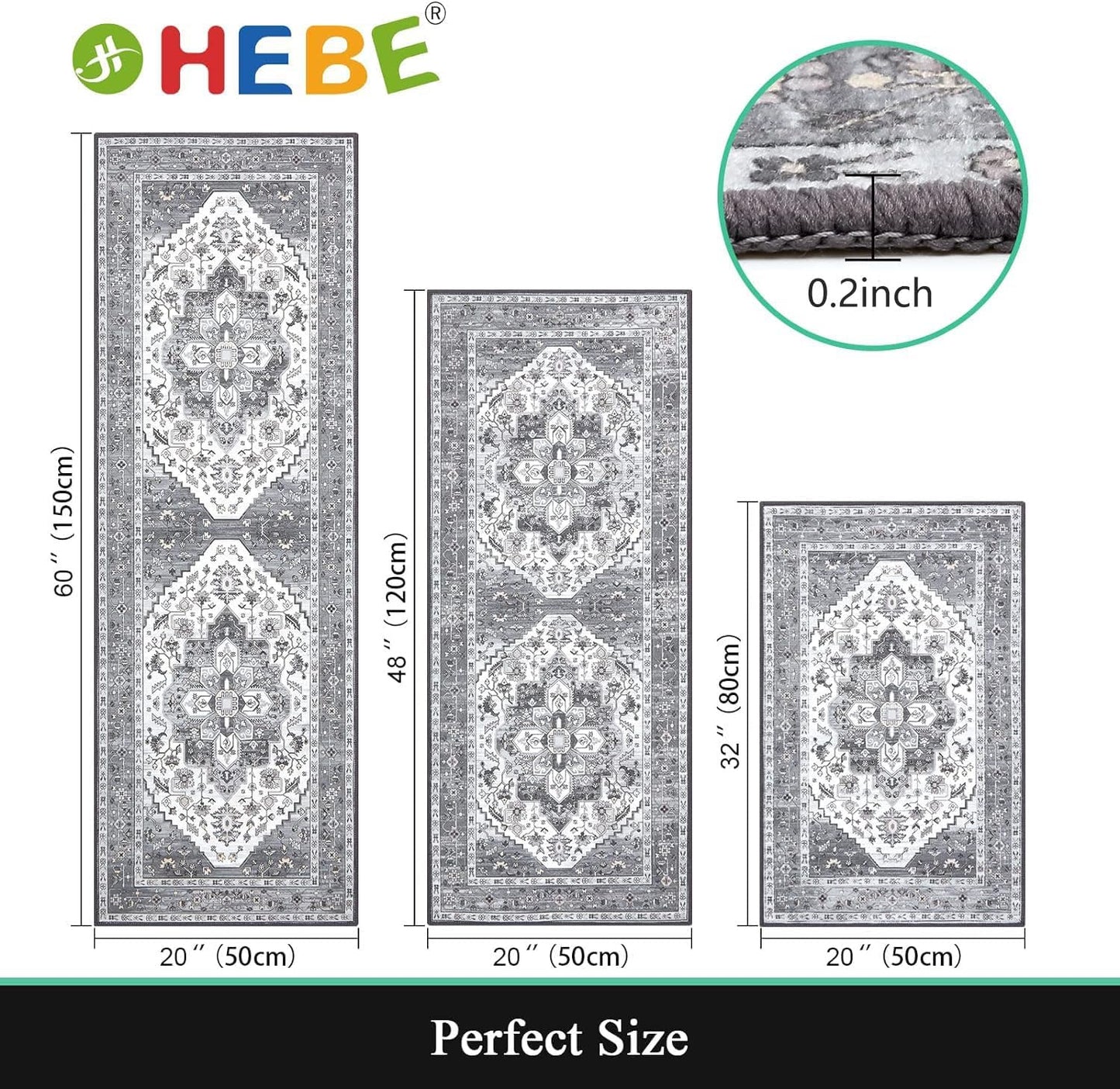 HEBE Boho Kitchen Rug Sets 3 Piece with Runner Non Slip Kitchen Rugs