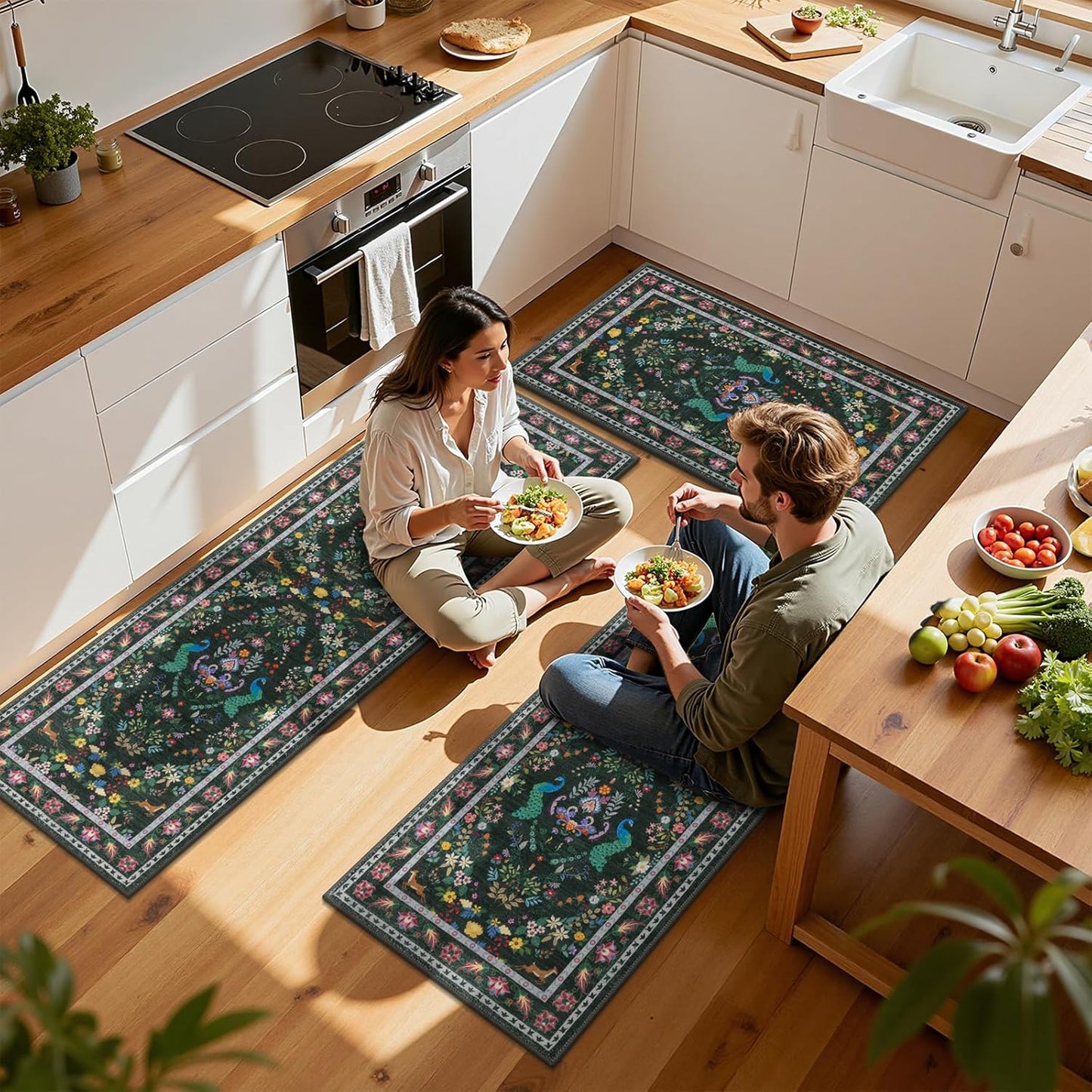 HEBE Machine Washable Non-Slip Kitchen Mat Farmhouse Kitchen Rugs Sets of 3 (20"x32"+20"x48"+20"x59")