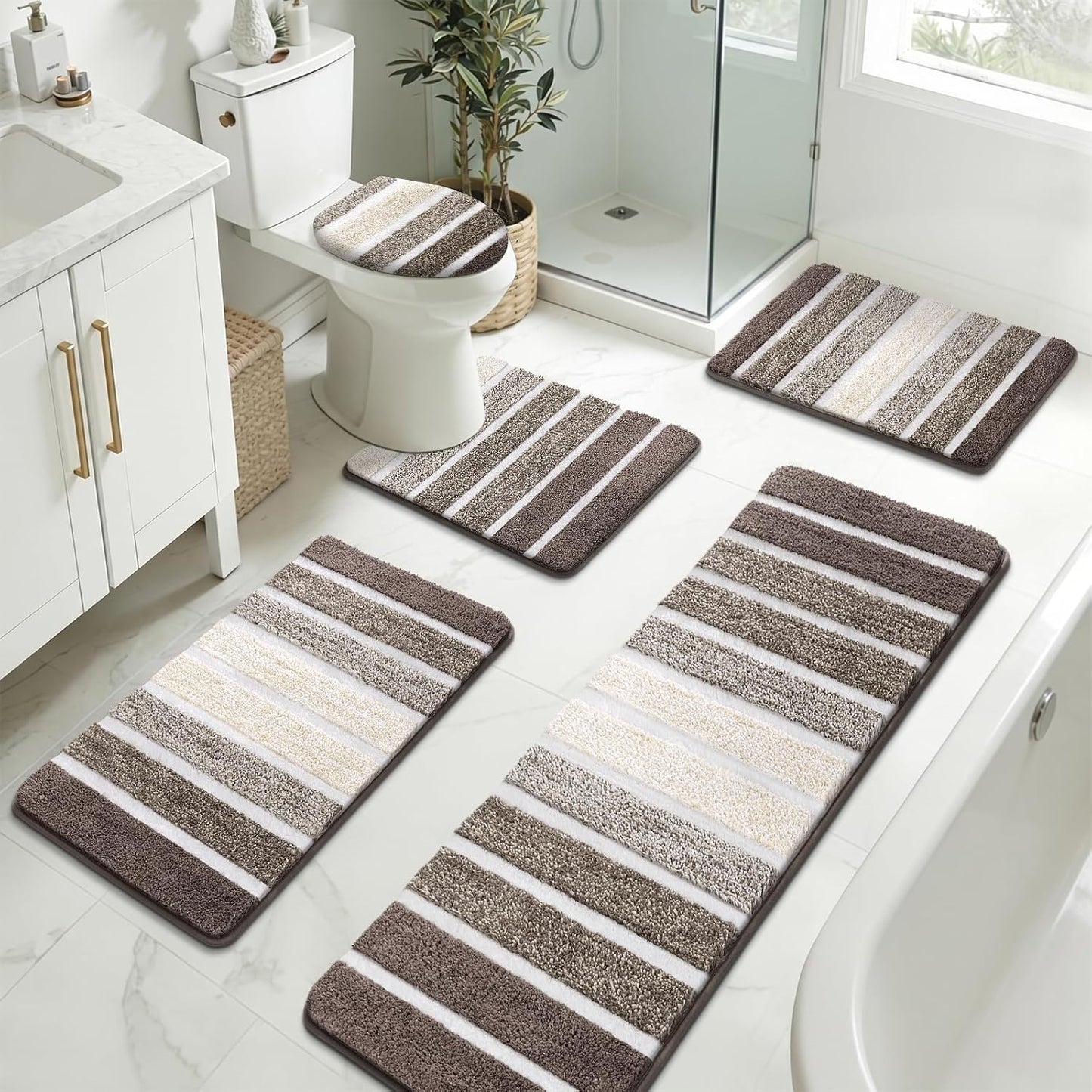 Bathroom Rugs Sets 3 Piece Bathroom Shower Rugs with U-Shaped Contour Toilet Mat   Absorbent Microfiber Plush Bath Mats Non Slip Bath Rug Machine Washable Shaggy Bath Mat   Set
