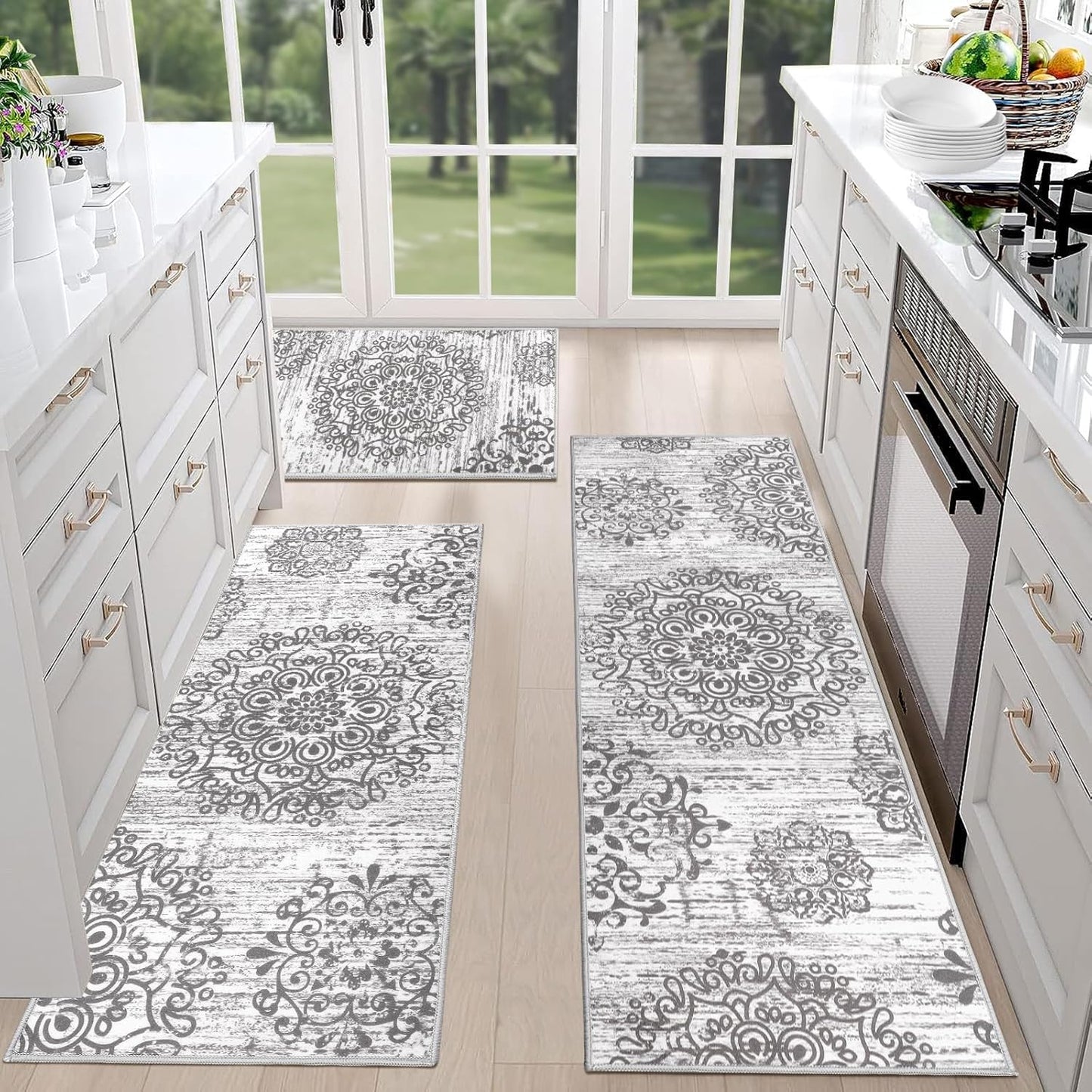 HEBE Farmhouse Kitchen Rugs Sets of 3 Non Slip Washable Boho Kitchen Rugs