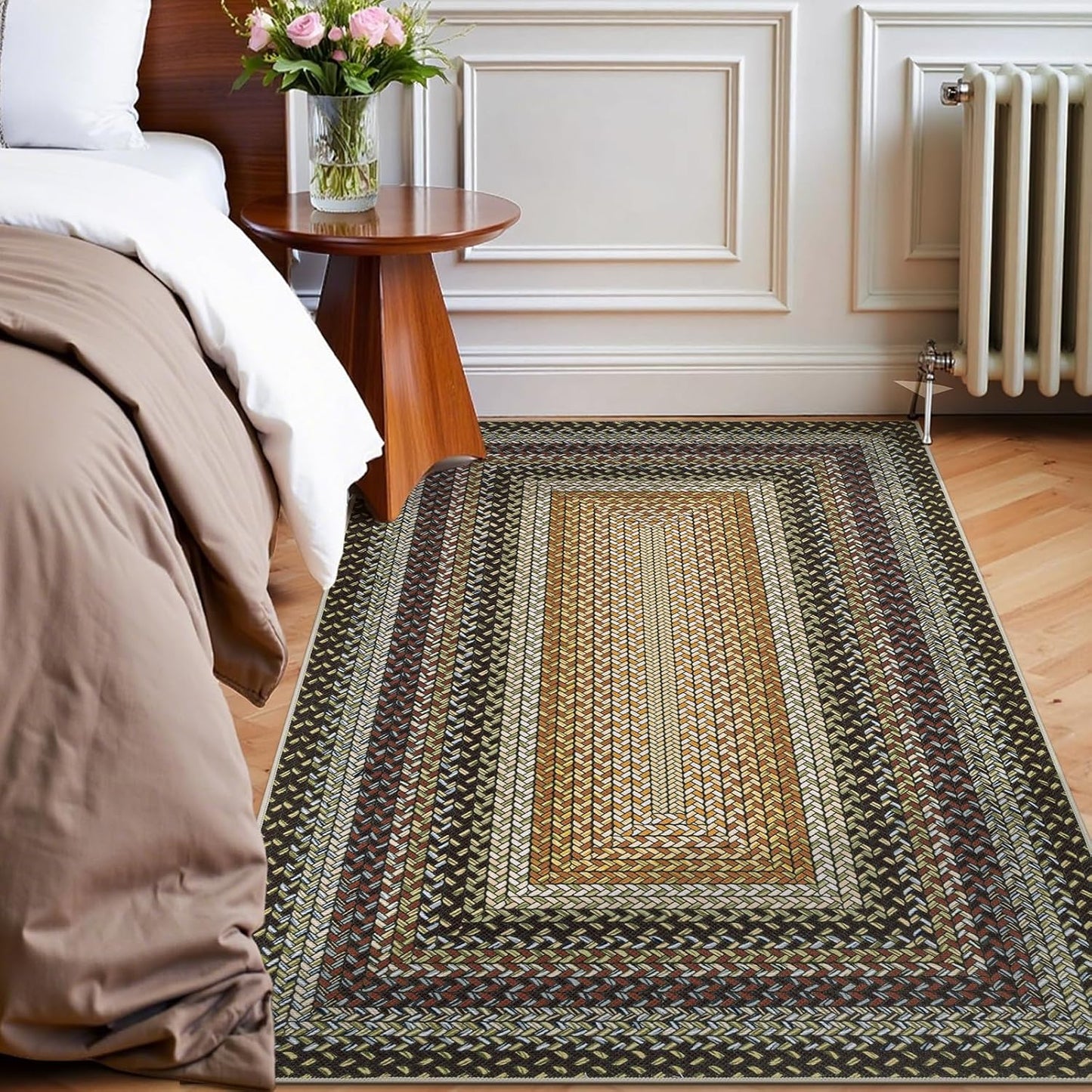 HEBE Faux Braided Area Rug Washable Farmhouse, No-Shed Non-Slip Woven Carpet, Pet Friendly Stain Resistant Jute Style Rug for Kitchen Bedroom Bathroom Entryway