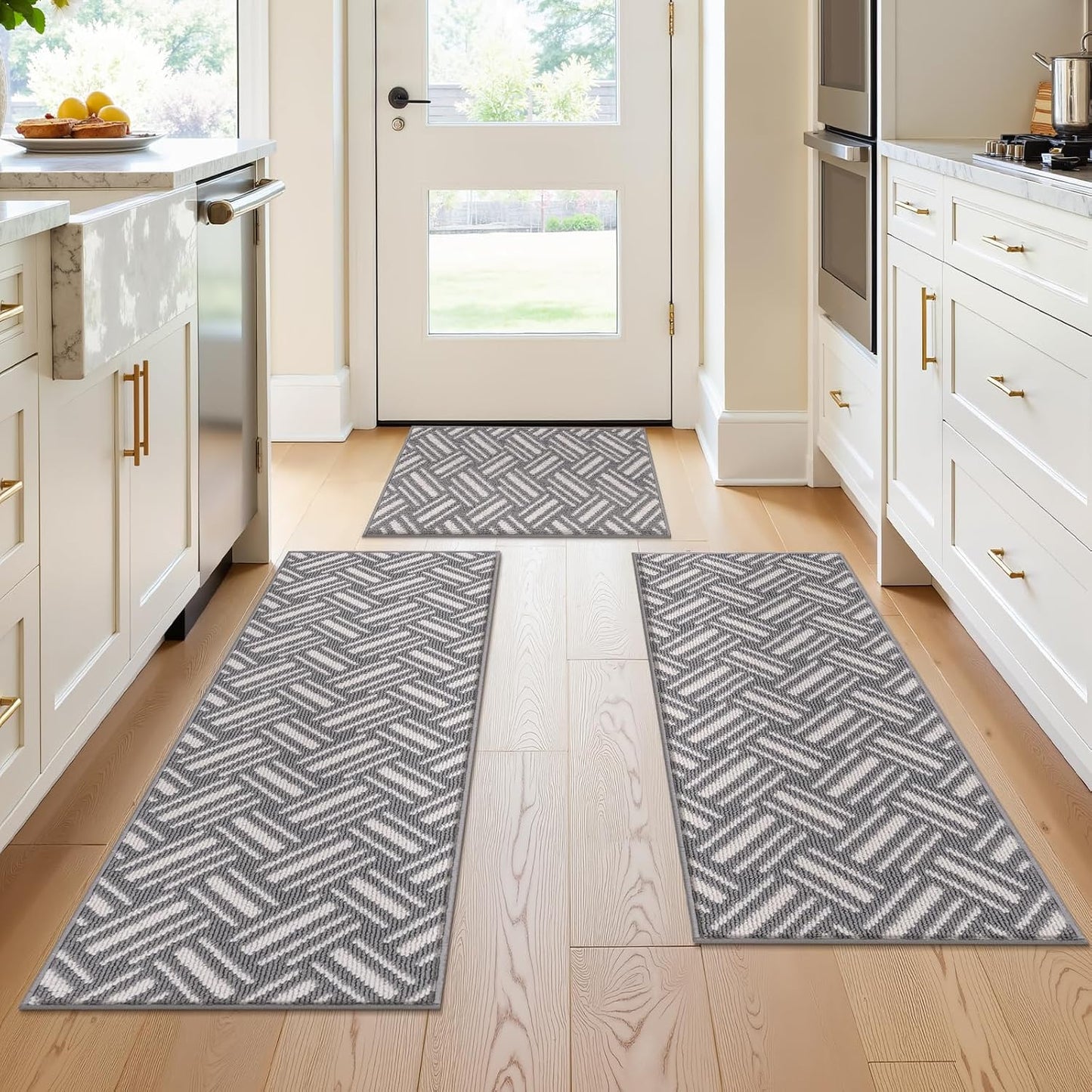 3-Piece Kitchen Rug Set, Non-Slip Basketweave Geometric Floor Mats
