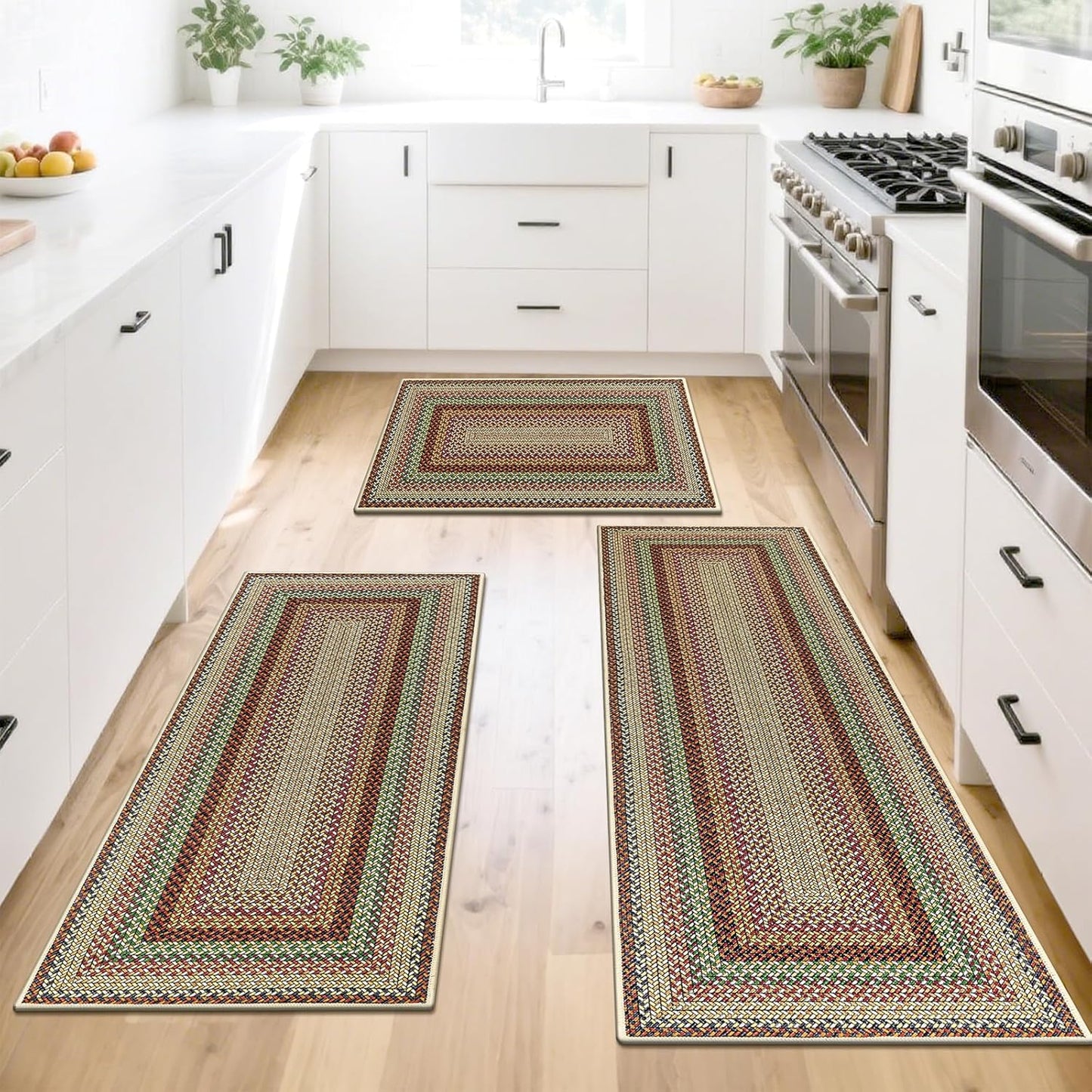 HEBE Boho Kitchen Rugs Sets 3 Piece with Runner Non Slip Kitchen Mats for Floor Washable Bohemian Runner Rug Set of 3 ﻿