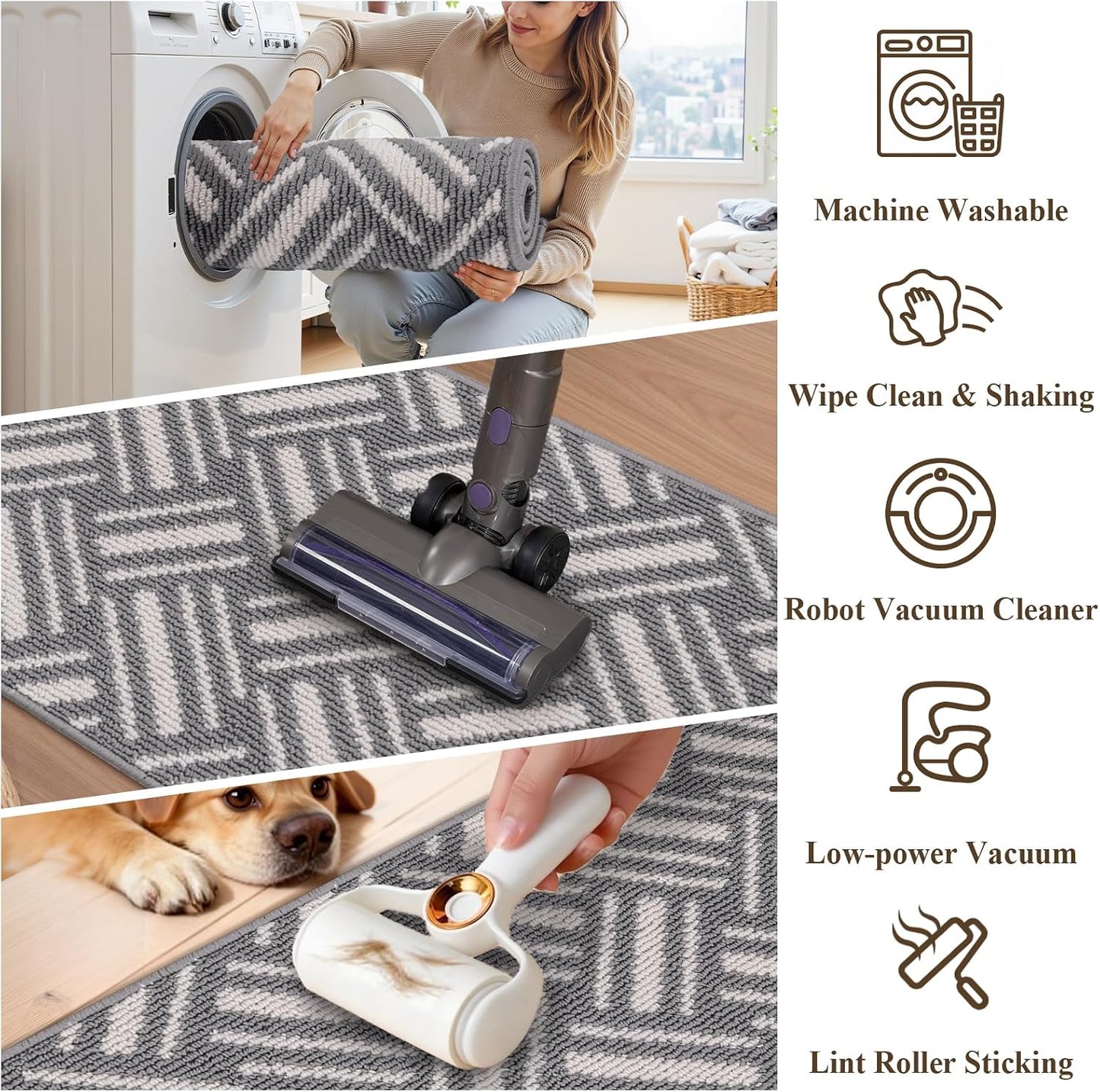 3-Piece Kitchen Rug Set, Non-Slip Basketweave Geometric Floor Mats