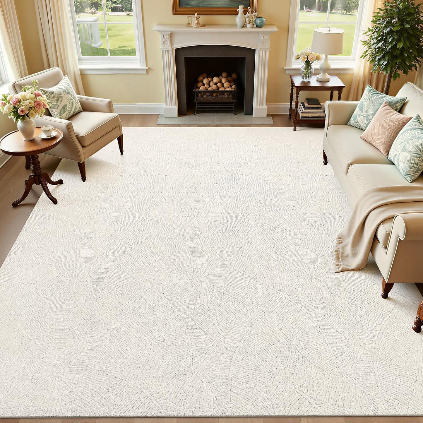 HEBE Washable Area Rug for Living Room, Beige Soft Fluffy Tropical Leaf Carpet with Non Slip Backing