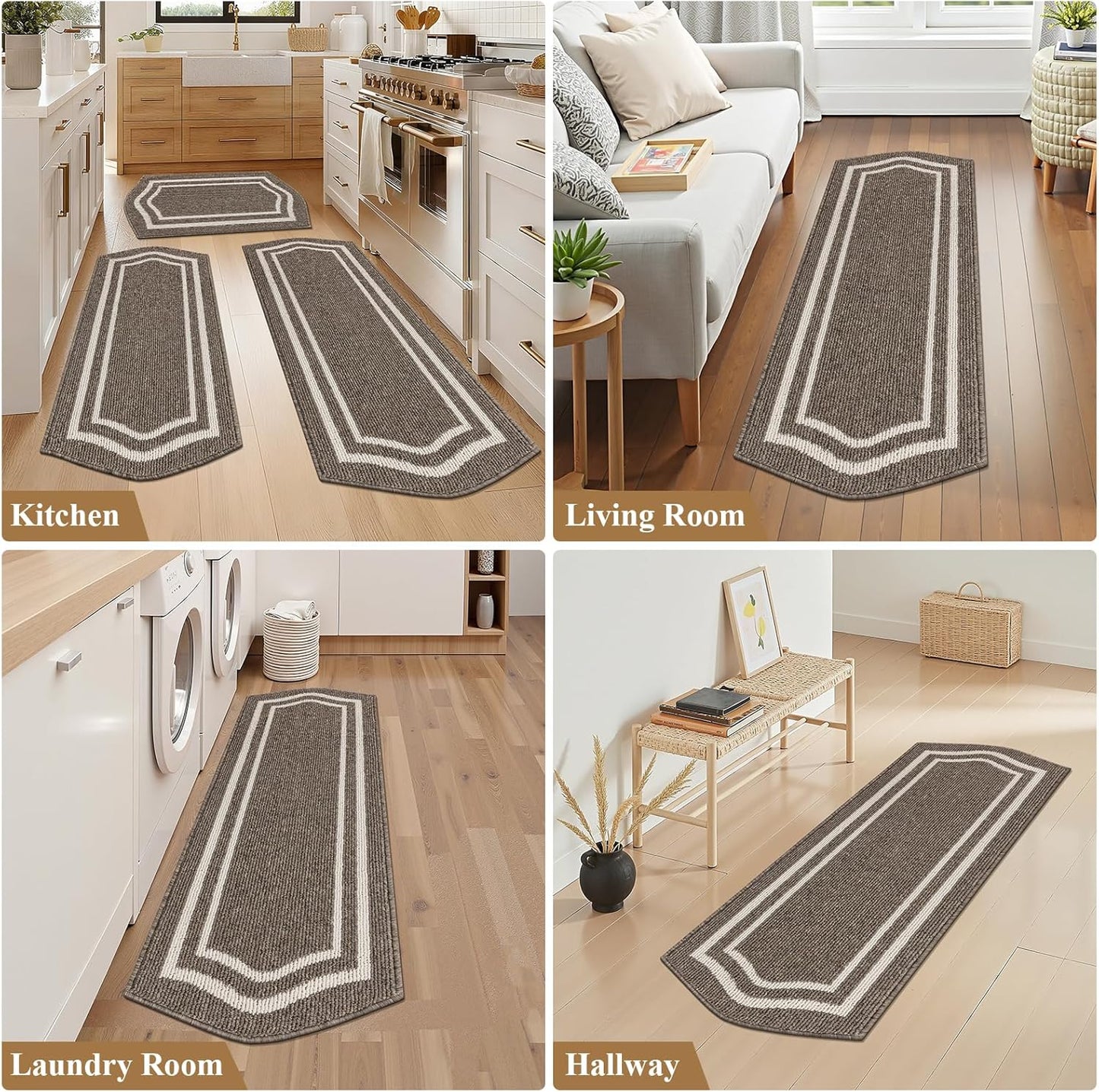 HEBE Farmhouse Kitchen Rugs Sets of 3 Non Slip Washable Boho Kitchen Rugs and Mats