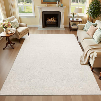 HEBE Washable Area Rug for Living Room, Beige Soft Fluffy Tropical Leaf Carpet with Non Slip Backing