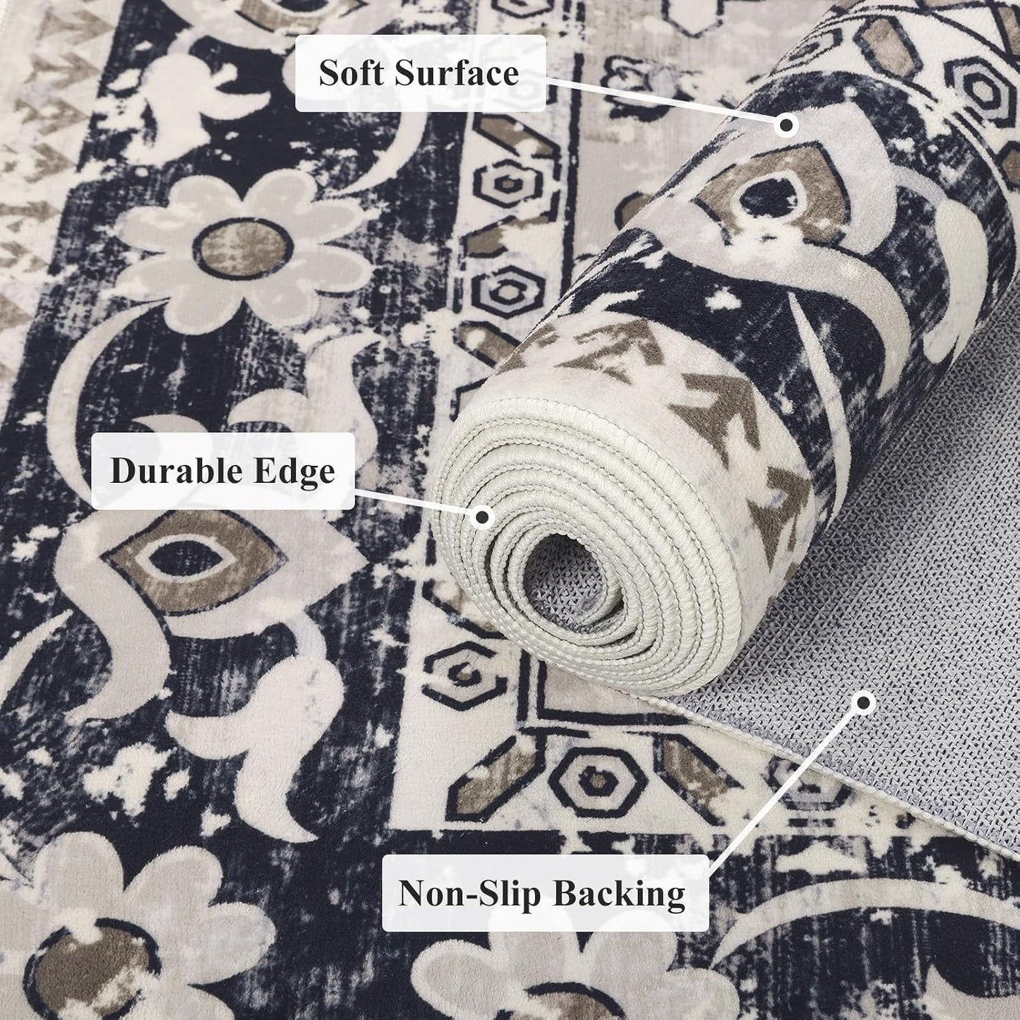 HEBE Washable Area Rug 5'x7', Non Slip Boho Rugs for Bedroom