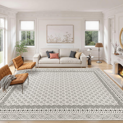 HEBE Living Room Rugs Soft Low Pile Non Slip Washable Area Rug Floor Mat for Bedroom Dining Room, Moroccan Geometric Bordered Rug