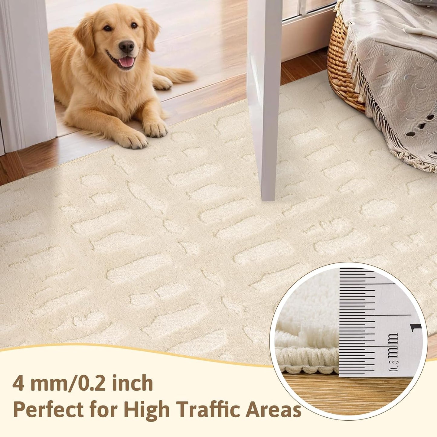 Washable Area Rug, High-Low Grid Textured Living Room Rugs
