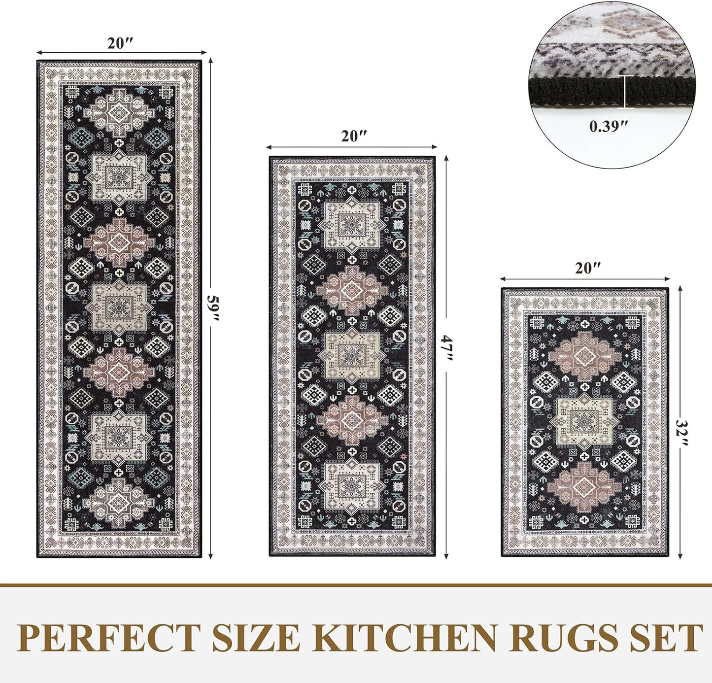 HEBE Farmhouse Kitchen Rugs Sets of 3, Kitchen Runner Rugs Non Slip Washable