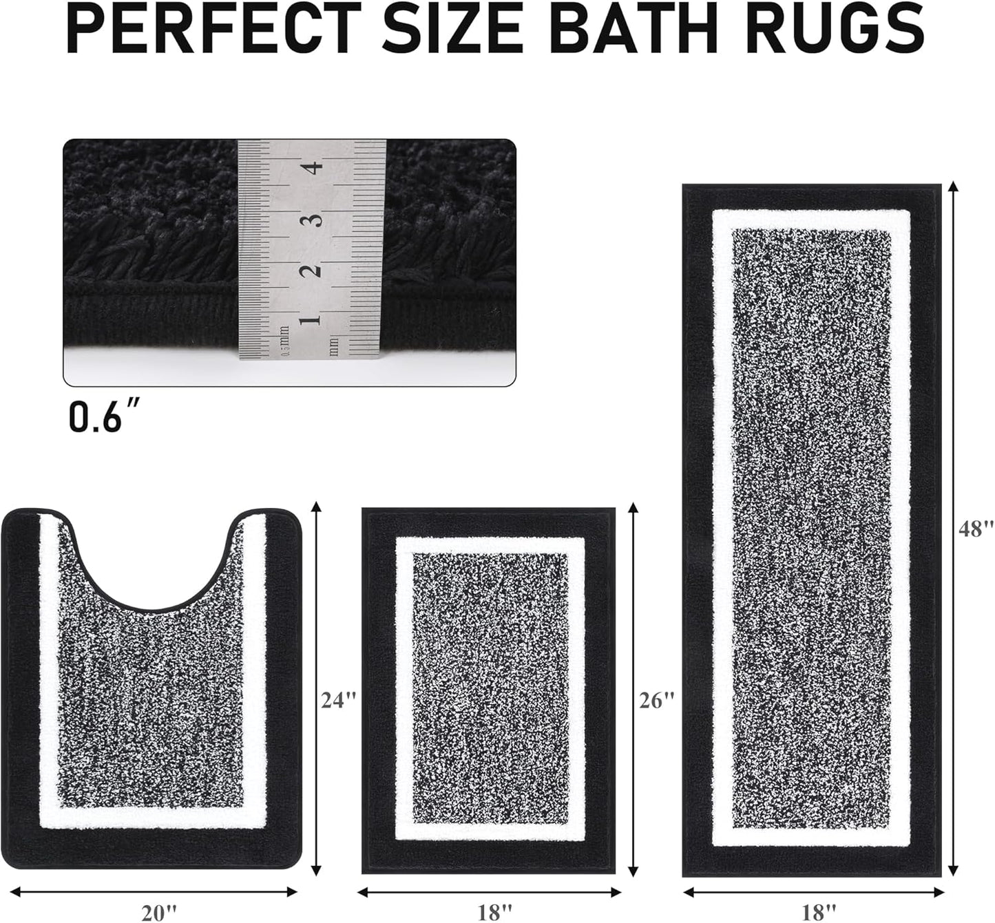 HEBE Bathroom Rug Mat Set 3 Piece, Microfiber Shaggy Bath Set, Non-Slip Ultra Soft Carpet Mats, Absorbent with U-Shaped Toilet for Bathroom, Tub, Shower