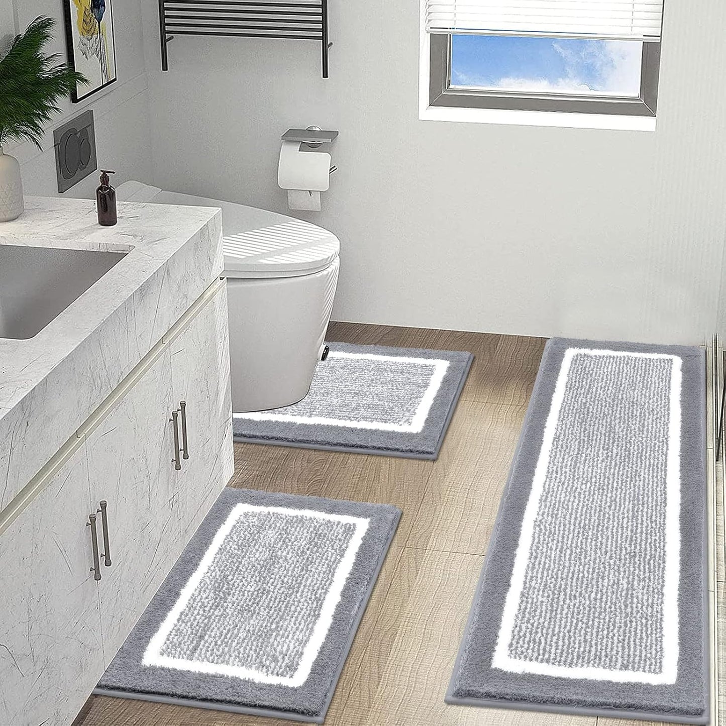 Bathroom Rug Set 3 Piece Non Slip Absorbent Bath Mats Set Microfiber Soft Bathroom Mat Plush Shaggy Bath Rugs Includes U-Shaped Toilet Mat for Bath Floor, Shower