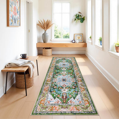 HEBE Boho Vintage Area Rug 5x7 Machine Washable Low Pile Soft Floor Carpet Non Slip Non Shedding Accent Rug for Living Room Bedroom Entryway Dining Room Office Green