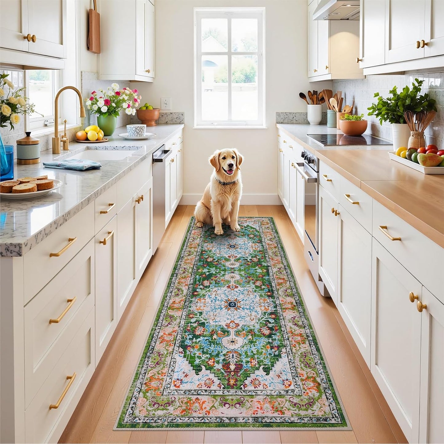HEBE Boho Vintage Area Rug 5x7 Machine Washable Low Pile Soft Floor Carpet Non Slip Non Shedding Accent Rug for Living Room Bedroom Entryway Dining Room Office Green