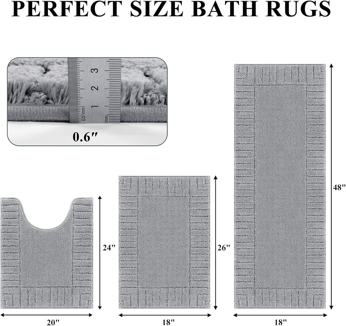HEBE Bathroom Rugs Sets 3 Piece Bathroom Shower Rugs with U-Shaped Contour Toilet Mat Absorbent Microfiber Plush Bath Mats Non Slip Bath Rugs Machine Washable Shaggy Bath Mat Set