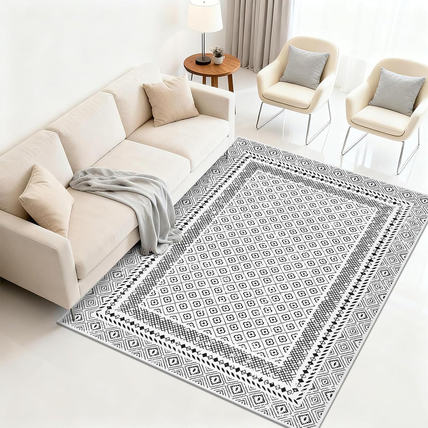 HEBE Living Room Rugs Soft Low Pile Non Slip Washable Area Rug Floor Mat for Bedroom Dining Room, Moroccan Geometric Bordered Rug