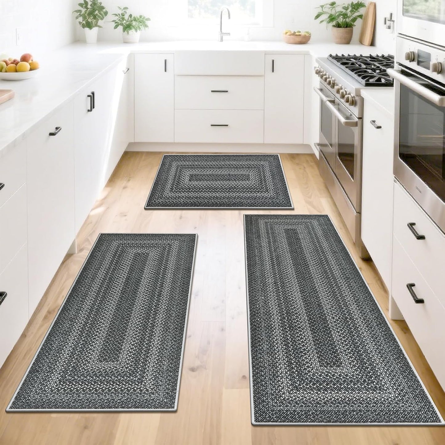 HEBE Boho Kitchen Rugs Sets 3 Piece with Runner Non Slip Kitchen Mats for Floor Washable Bohemian Runner Rug Set of 3 ﻿