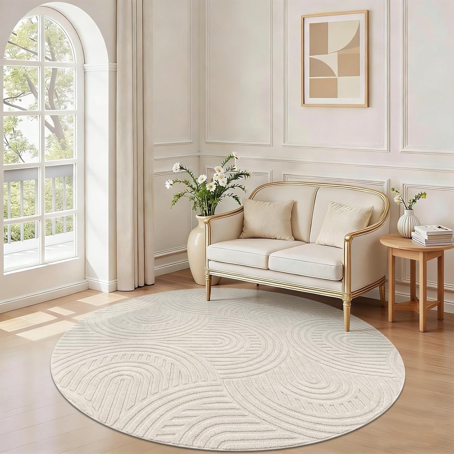 HEBE Area Rugs for Living Room, Non Slip Machine Washable Boho Neutral Modern Round Rug,Beige