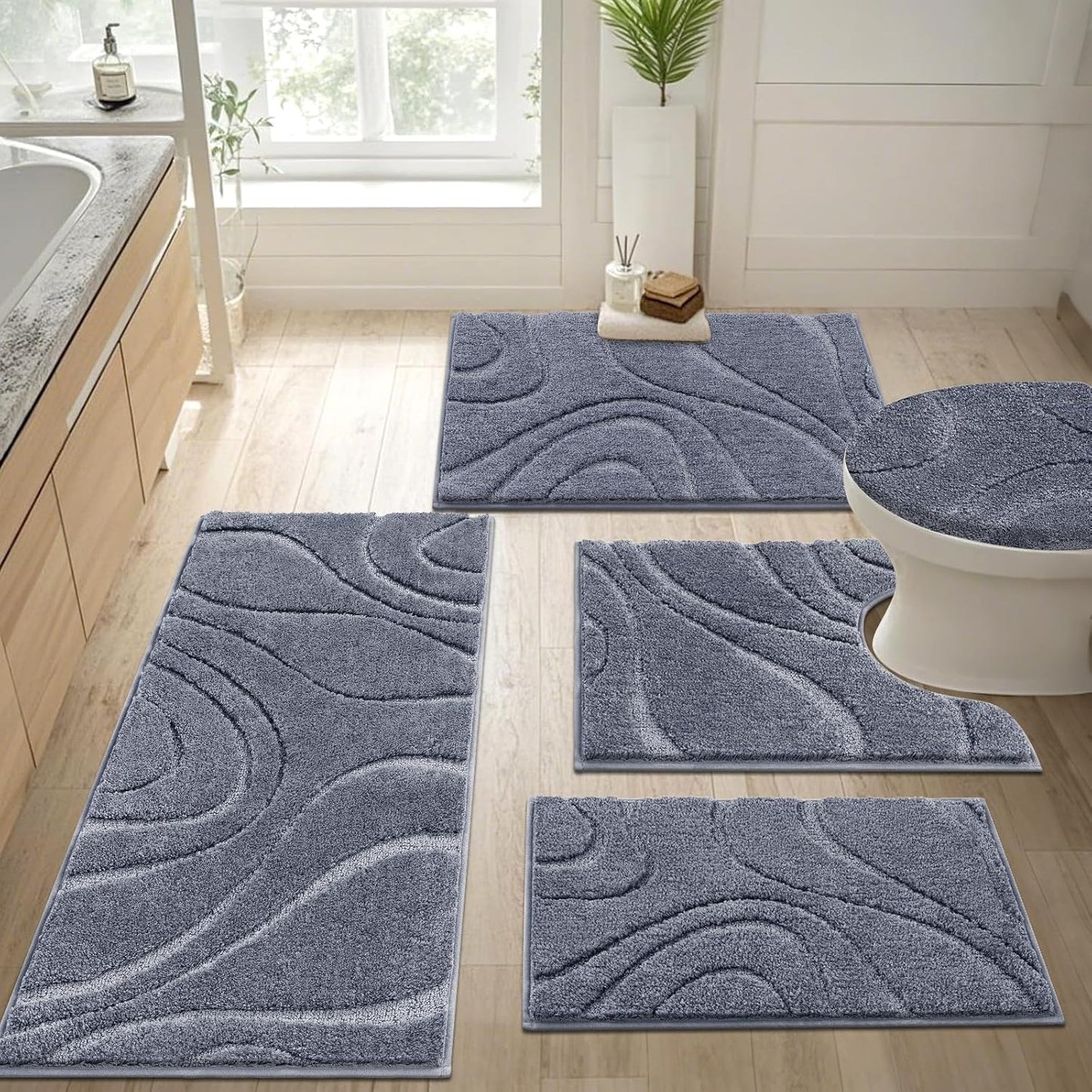 HEBE Bathroom Rugs Sets 5 Piece, Soft Absorbent Microfiber Bath Mat for Bathroom, Non Slip Washable Bath Rug Set with Toilet Cover, Bath Runner and U-Shaped Contour Toilet Rug