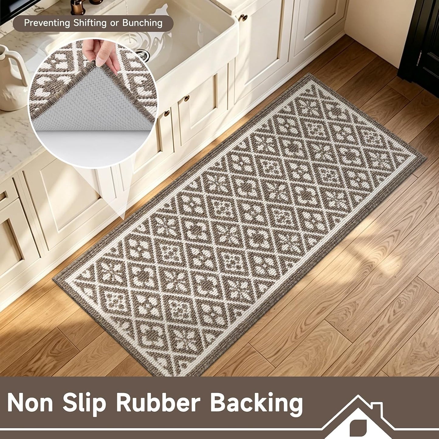 Hallway Runner Rug, Washable Indoor Brown Carpet with Non Slip Rubber Backing,Low Pile Durable Kitchen Floor Mat for Laundry Entryway Door & High Traffic Areas