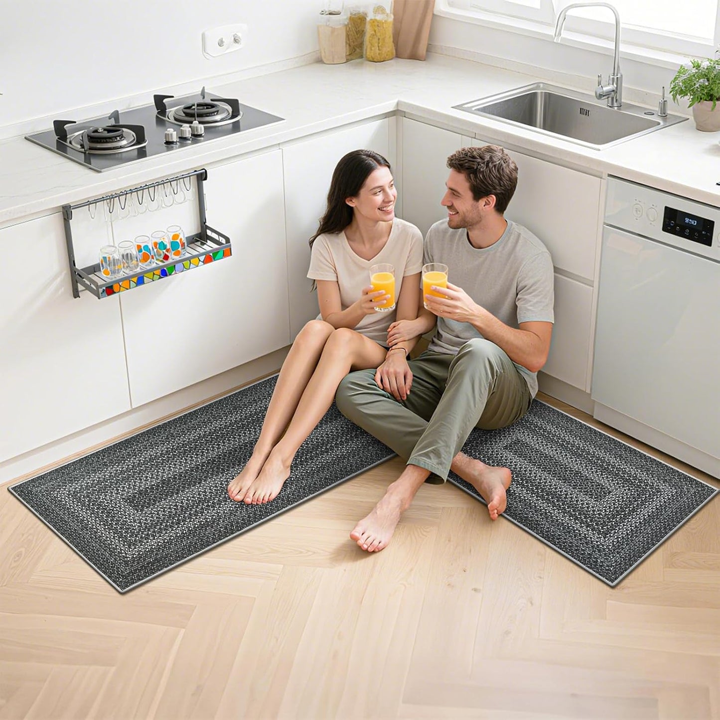 HEBE Boho Kitchen Rugs Sets 3 Piece with Runner Non Slip Kitchen Mats for Floor Washable Bohemian Runner Rug Set of 3 ﻿