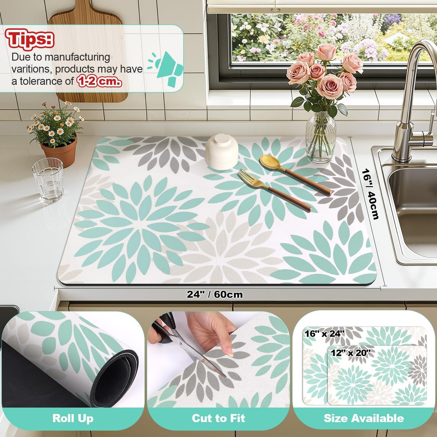 HEBE Floral Dish Drying Mat, Super Absorbent & Hide Stain Coffee Mat