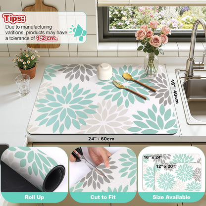 HEBE Floral Dish Drying Mat, Super Absorbent & Hide Stain Coffee Mat