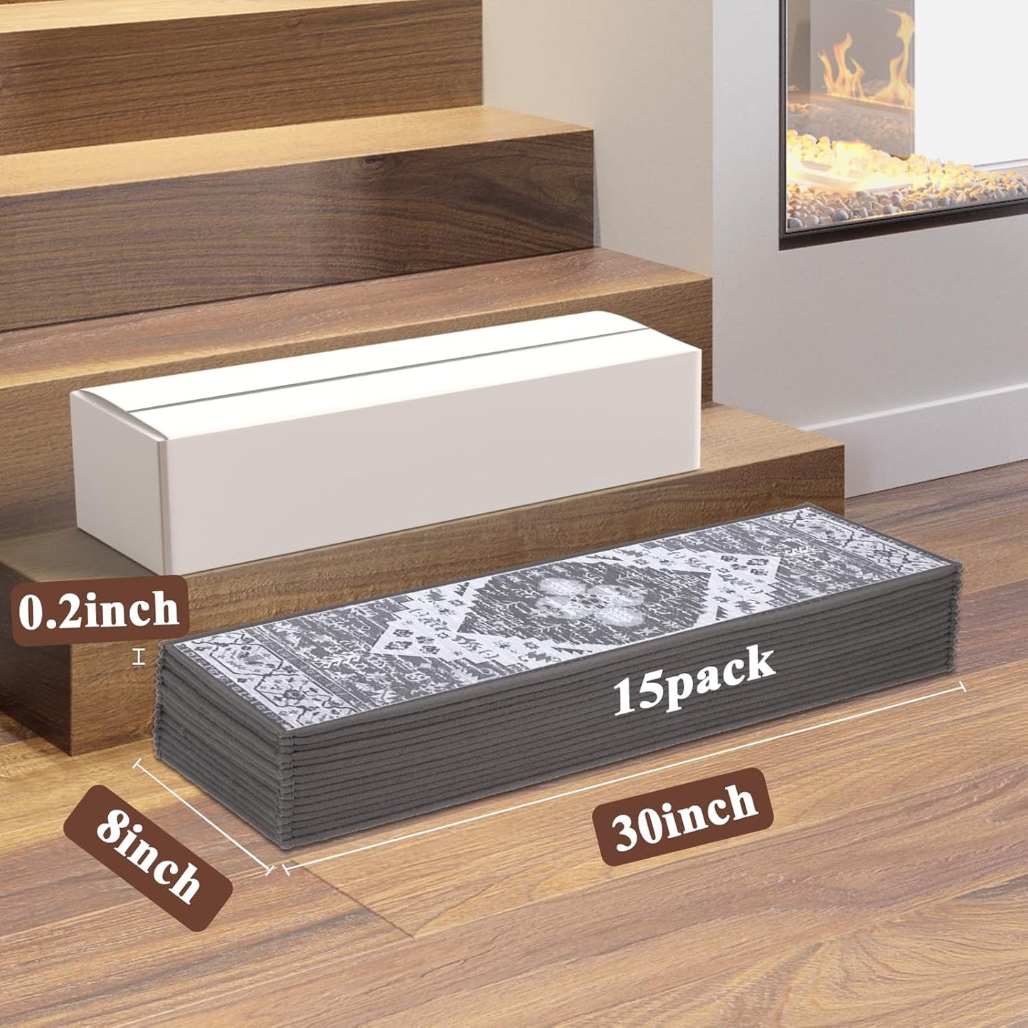 HEBE Carpet Stair Treads for Wooden Steps Indoor 15 Pack 8" X 30" Non Slip Self Adhesive Stairway Carpet Reusable Staircase Step Treads Edging Stair Rugs Runner for Kids and Pets