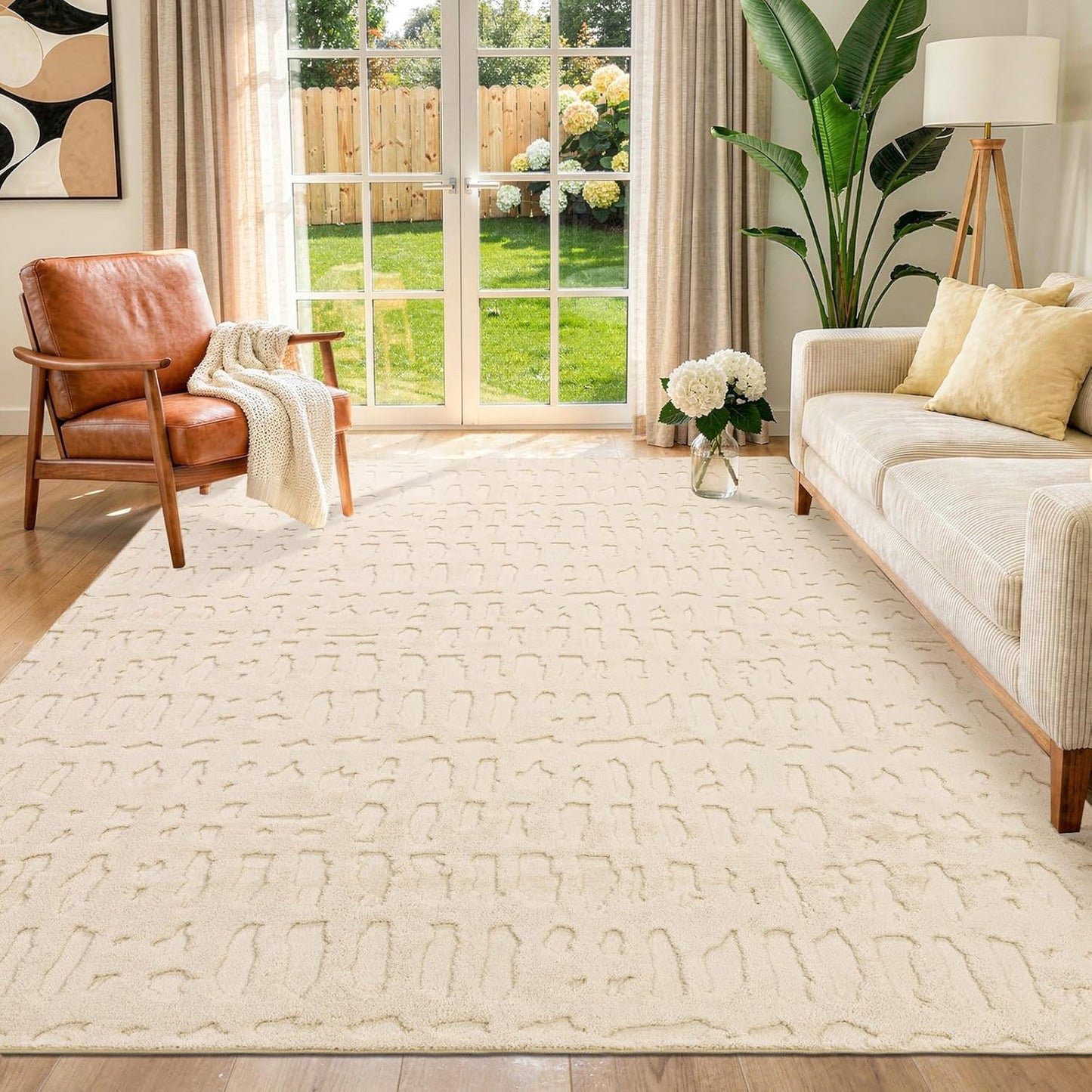 Washable Area Rug, High-Low Grid Textured Living Room Rugs