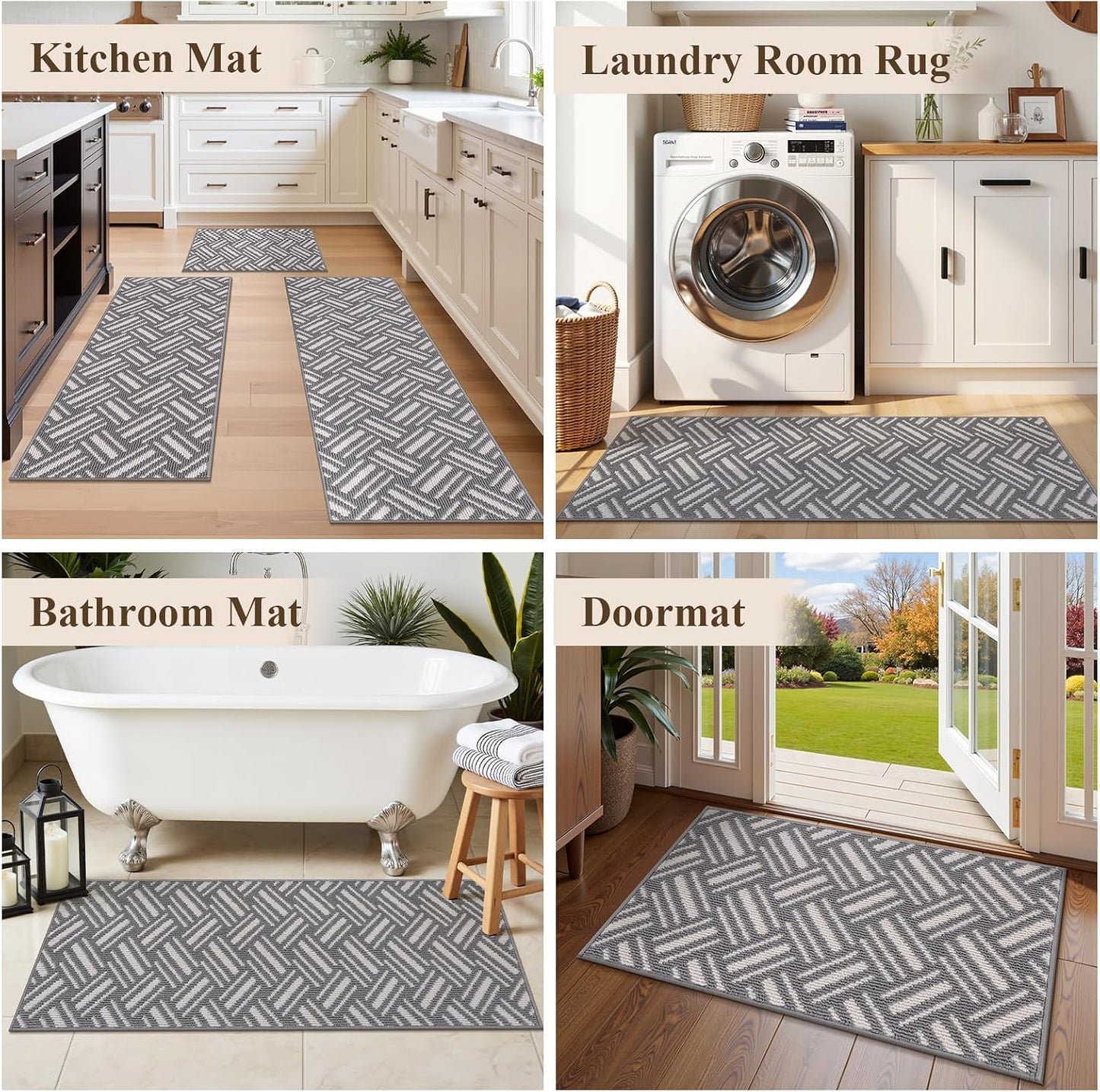 3-Piece Kitchen Rug Set, Non-Slip Basketweave Geometric Floor Mats
