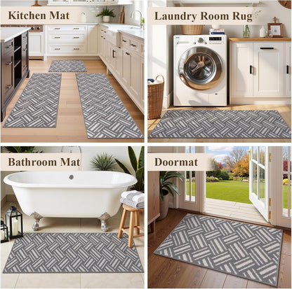 3-Piece Kitchen Rug Set, Non-Slip Basketweave Geometric Floor Mats