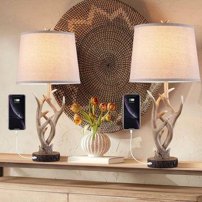 Rustic Western Table Lamp Set of 2, 26" Farmhouse Bedside Lamp for Bedroom with 2 USB Ports
