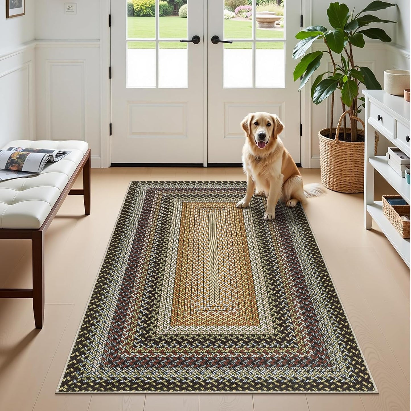 HEBE Faux Braided Area Rug Washable Farmhouse, No-Shed Non-Slip Woven Carpet, Pet Friendly Stain Resistant Jute Style Rug for Kitchen Bedroom Bathroom Entryway